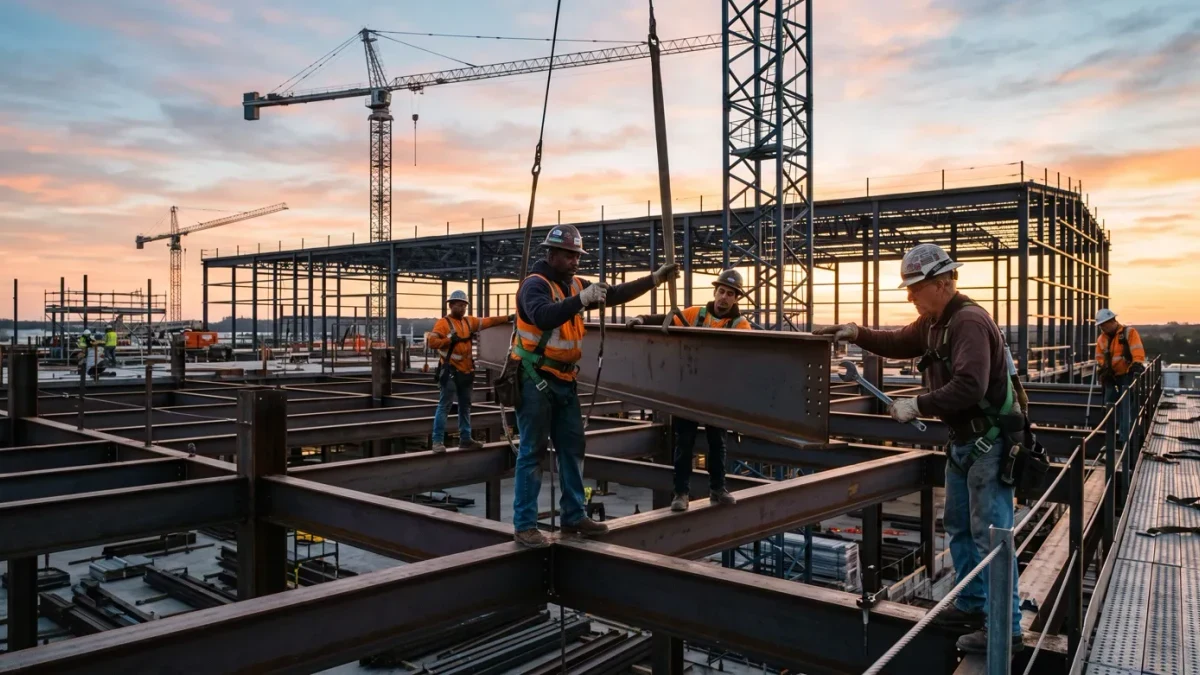 Steel framework of a large factory under construction at sunrise