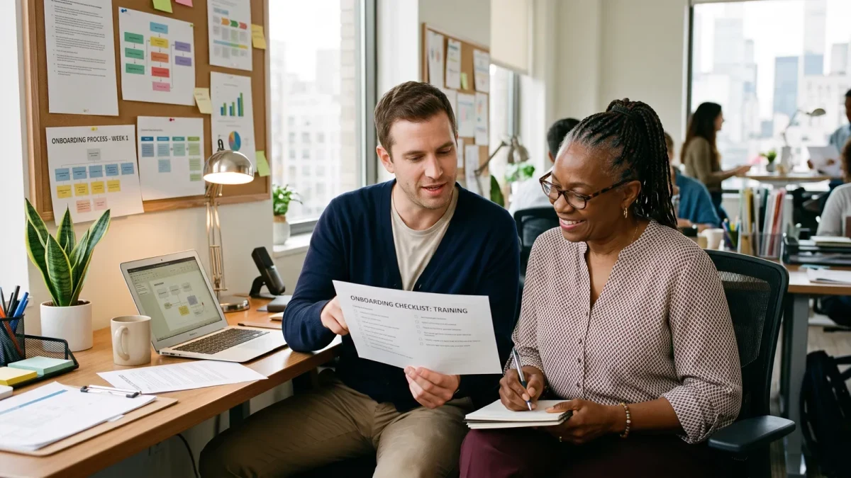 Founder training a new hire beside a documented workflow checklist