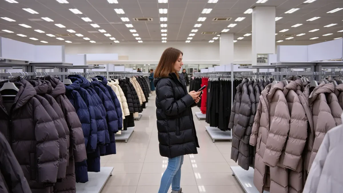 Woman comparing prices on her phone inside a quiet January department store