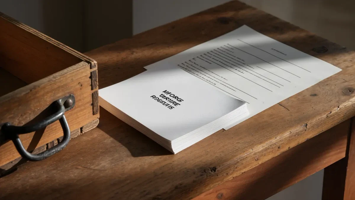 Stack of exhibition postcards and submission form on gallery counter