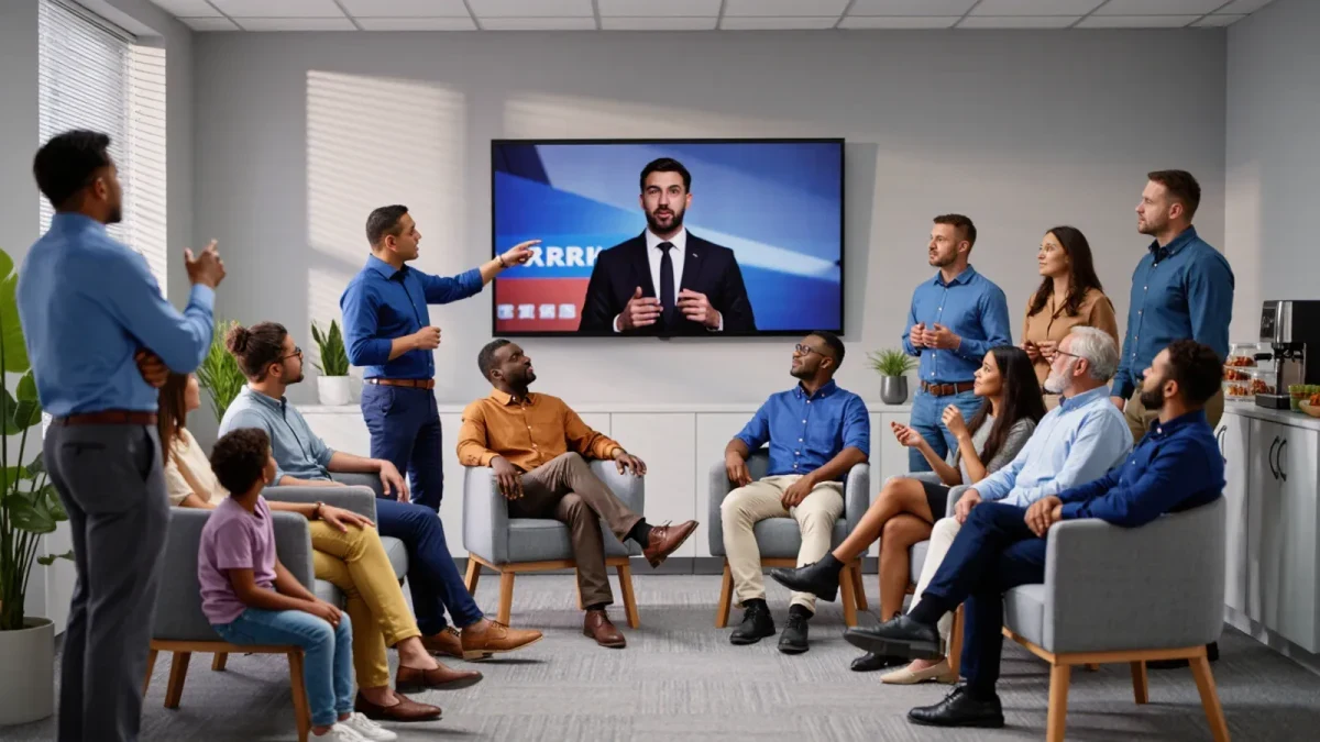 Media executives reacting to a CEO succession announcement on office screens
