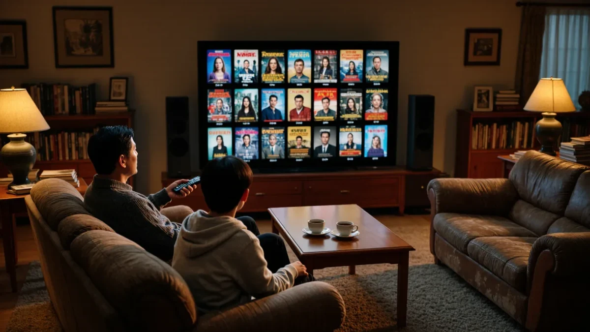 People on a sofa watching a streaming service dashboard at evening