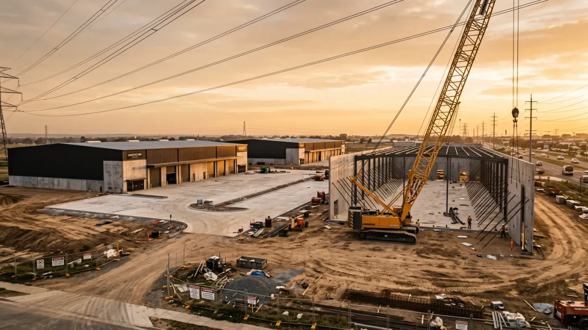 New industrial buildings under construction beside completed warehouses