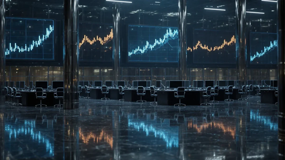 Empty trading floor with large wall screens of glowing graphs