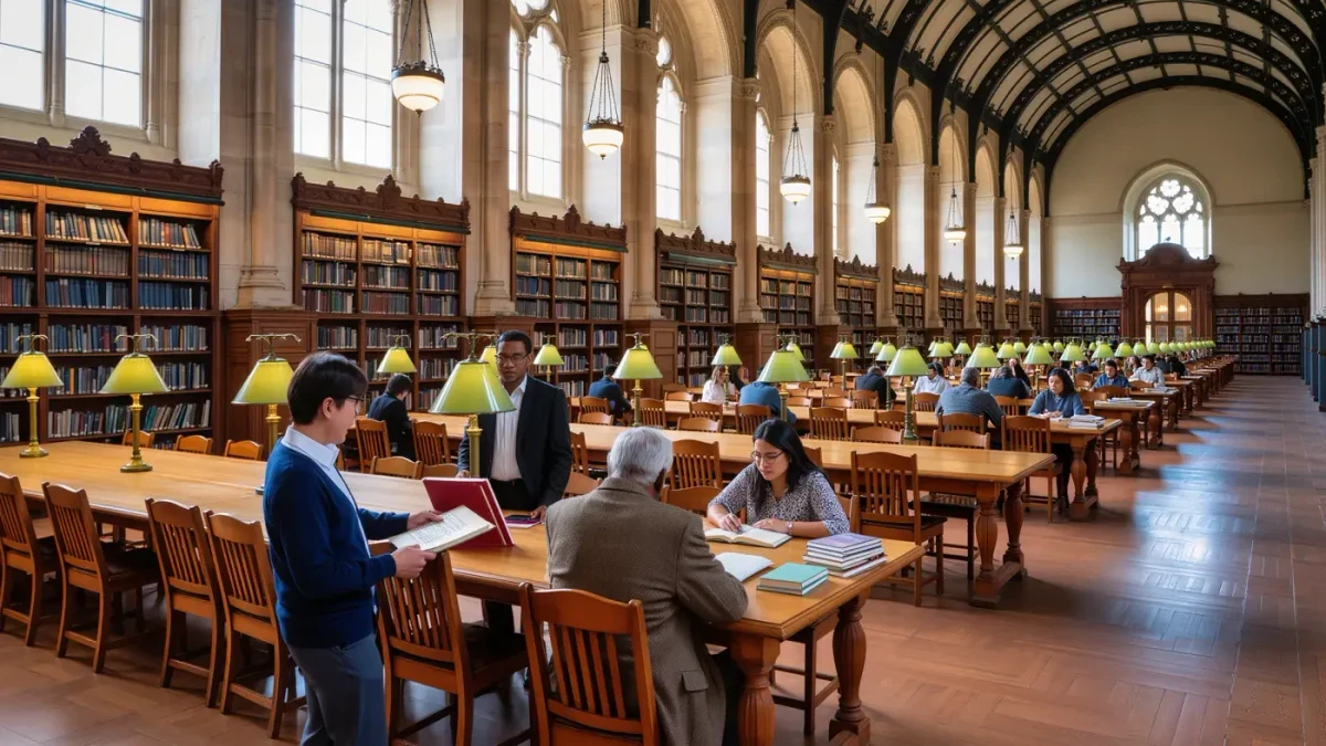 Readers of different ages work among wooden tables in a research library