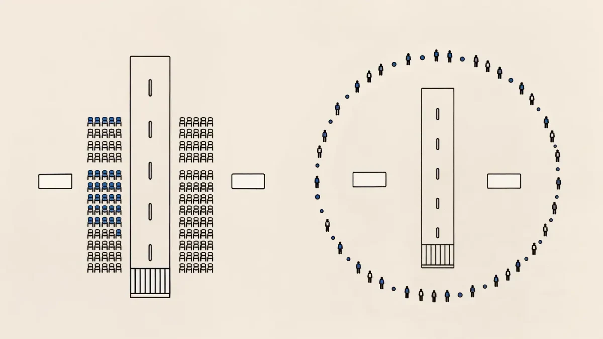 Infographic comparing seated rows and standing ring show layouts