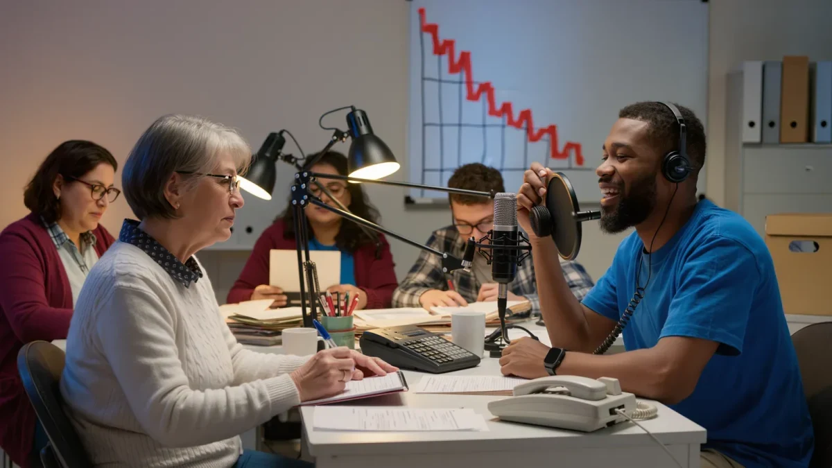 Volunteers answering phones during a pledge drive