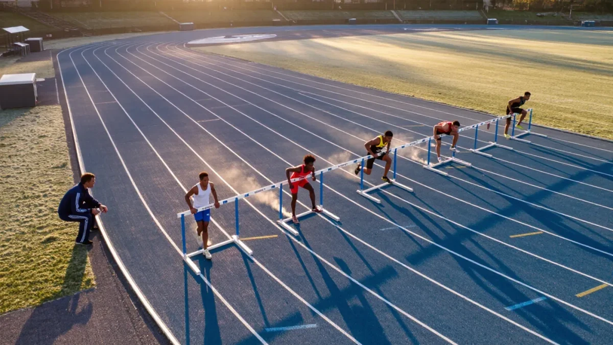 Amateur hurdlers training at sunrise on an outdoor track