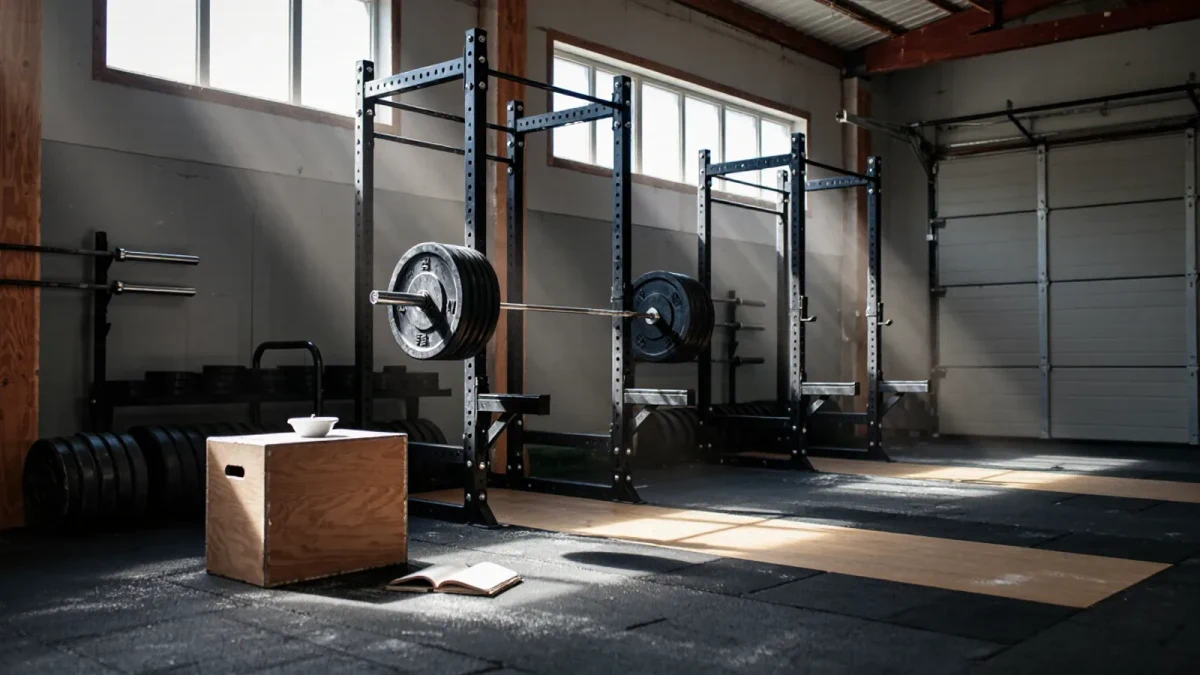 Loaded squat rack and chalked barbell in an empty gym at dawn