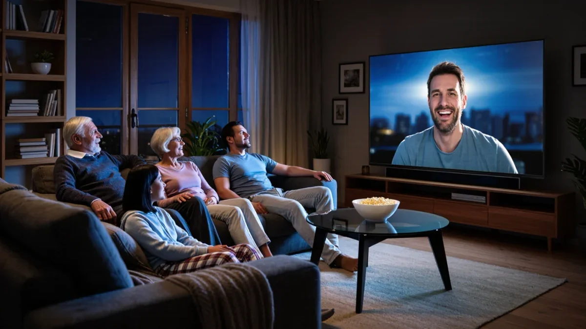 Family watching a film on a living-room streaming service at night