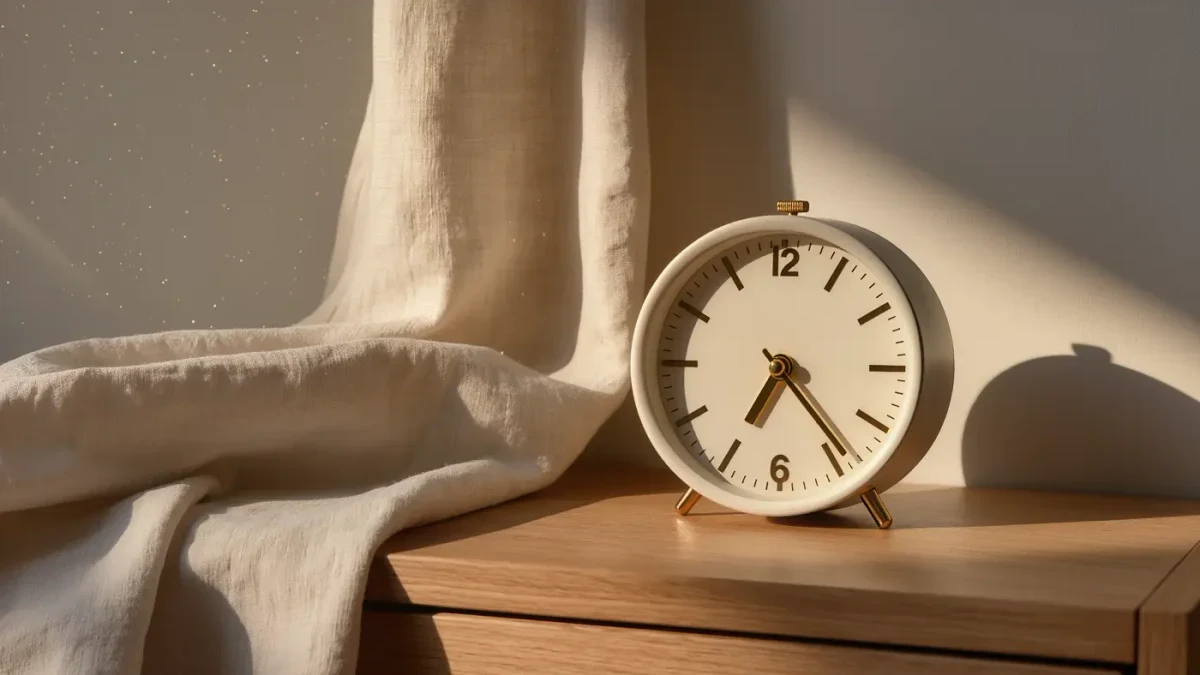 Analog alarm clock on a nightstand in soft morning sunlight