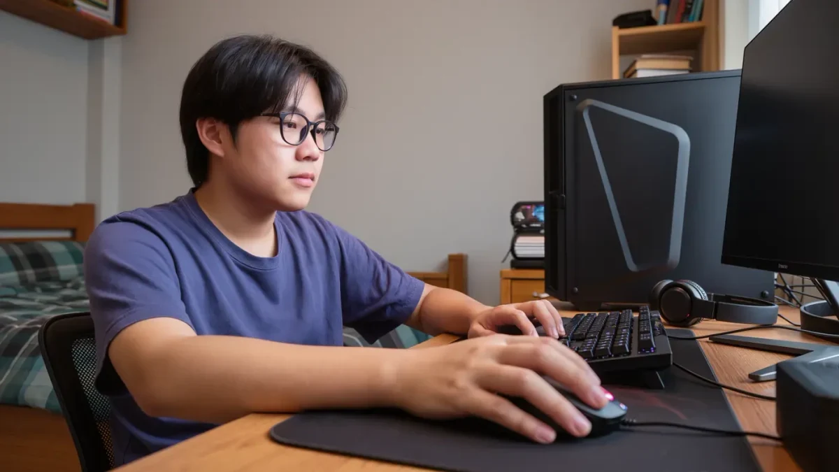 Player mid-session doing aim training on a large mousepad at a desk