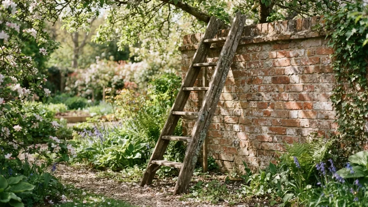 Wooden orchard ladder leaning against a brick garden wall in spring light