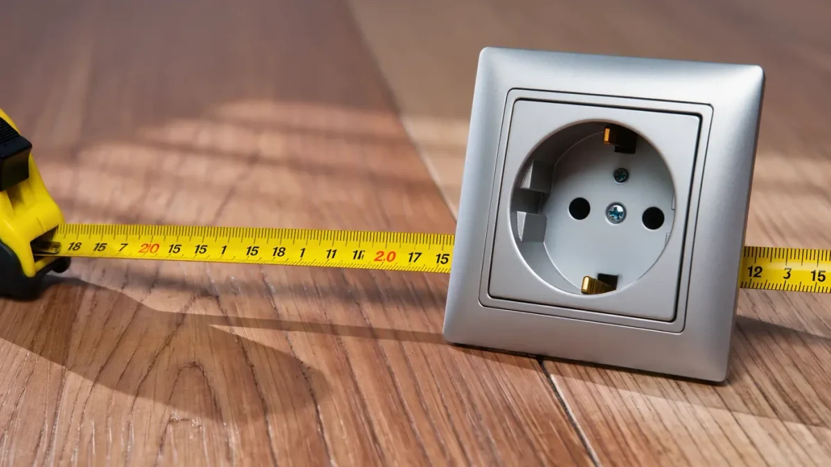 Measuring tape stretched across a hardwood floor during a property inspection