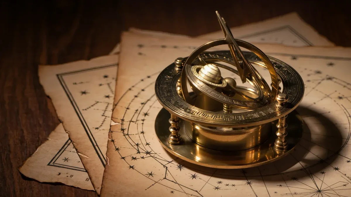Close-up of an antique brass astronomical ring engraved with Saturn