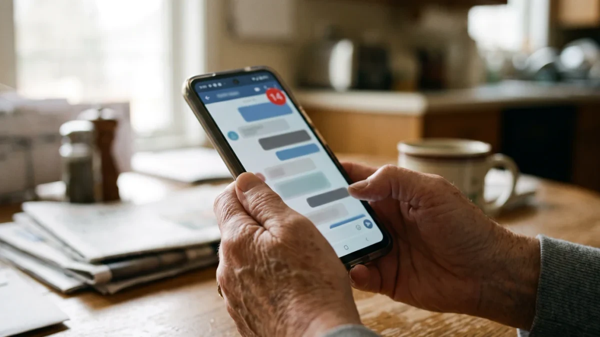 Hands holding a phone with many unread chat notifications