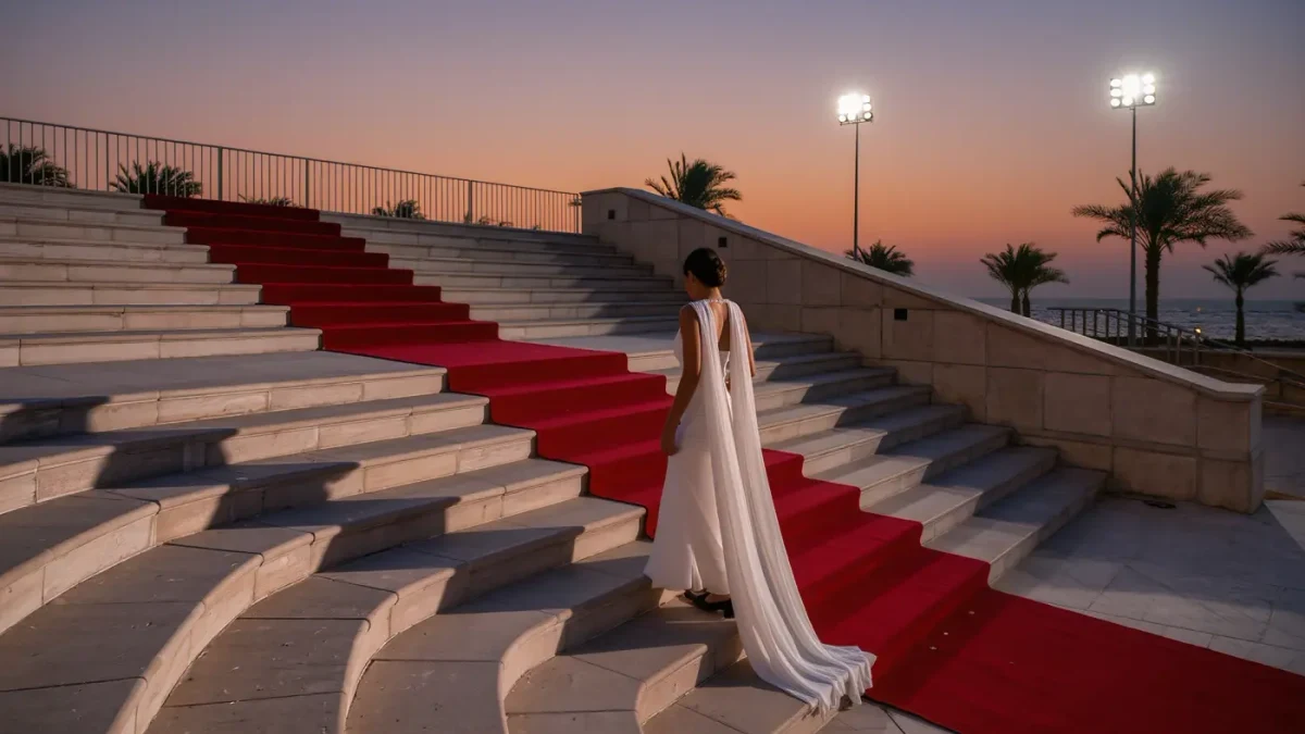 Formal gown hem and flat evening shoes at the base of grand stone steps