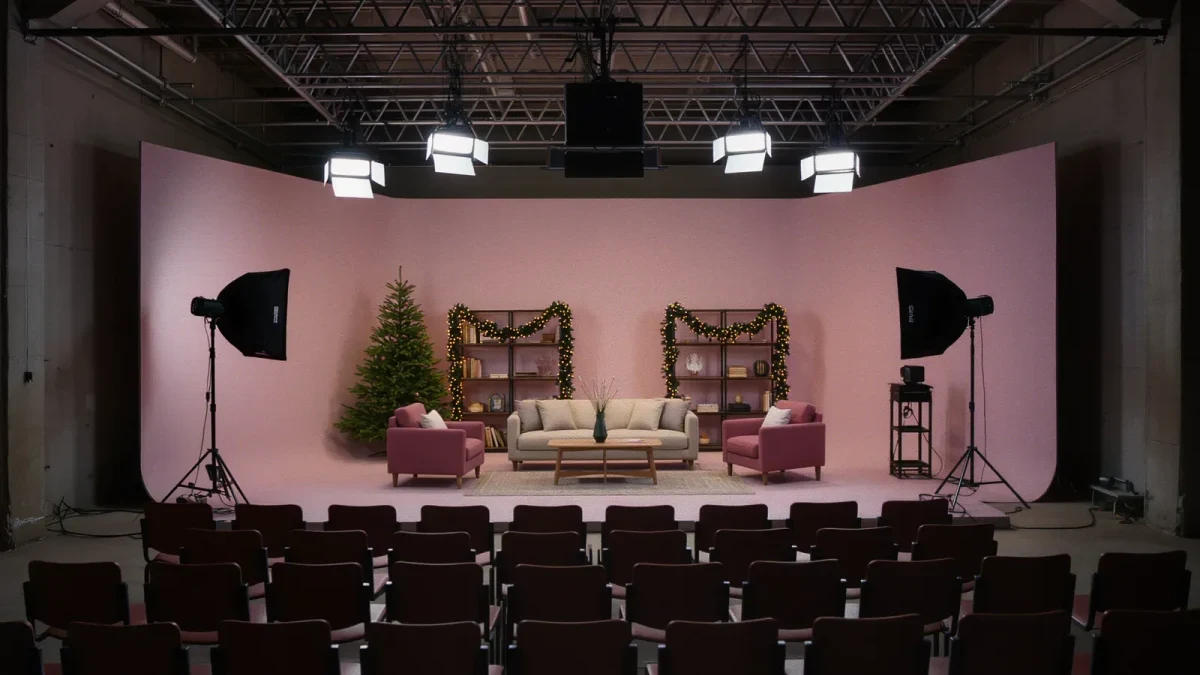 Sitcom living-room set dressed for a holiday episode taping