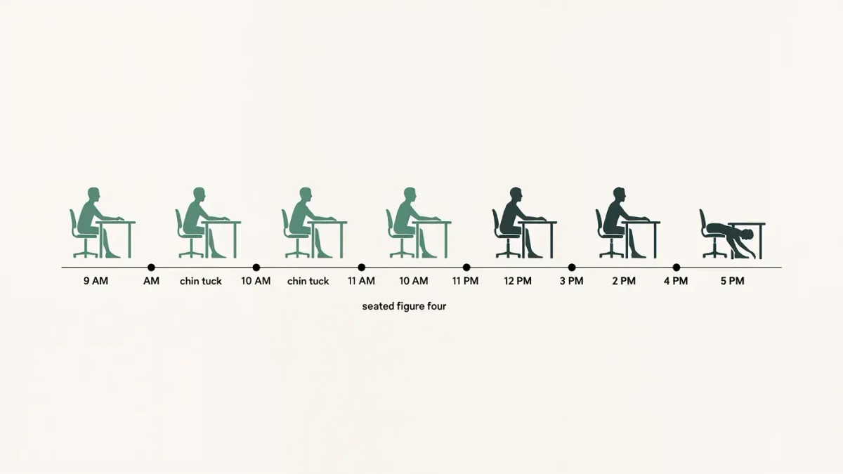 Infographic timeline of six desk stretches across a workday