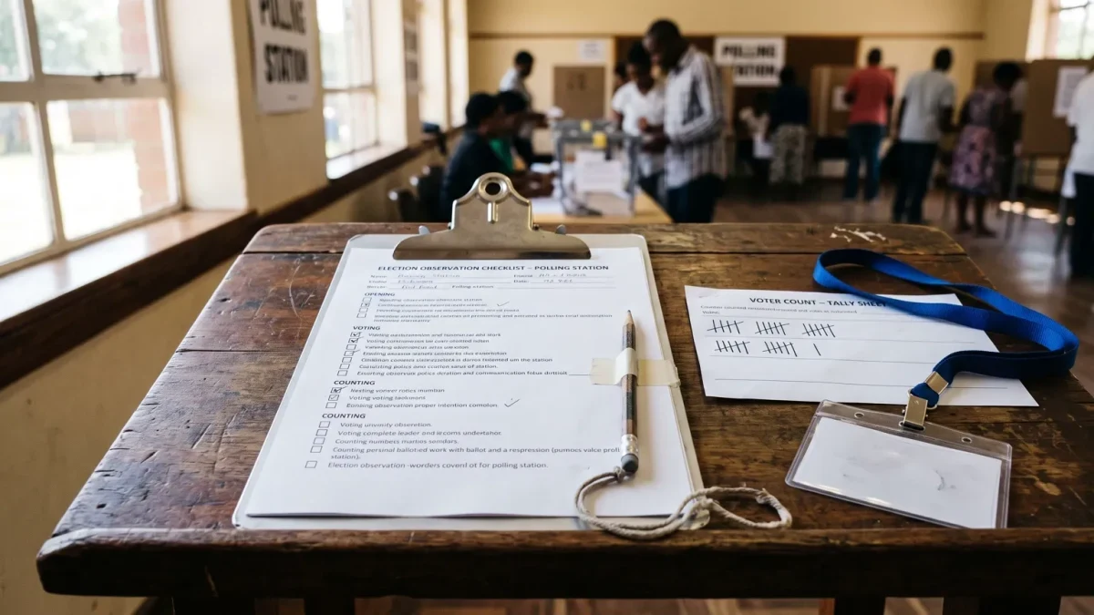 Observer's clipboard, tally sheet and pen on a polling station table