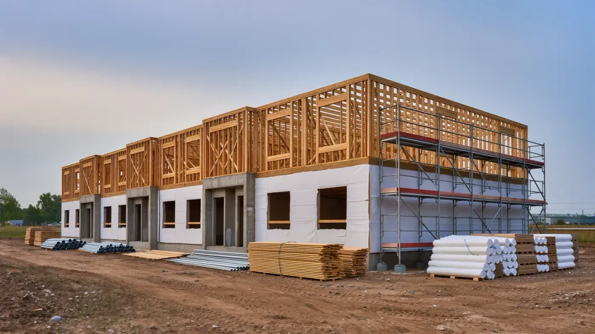 Small apartment building under construction with scaffolding at dusk