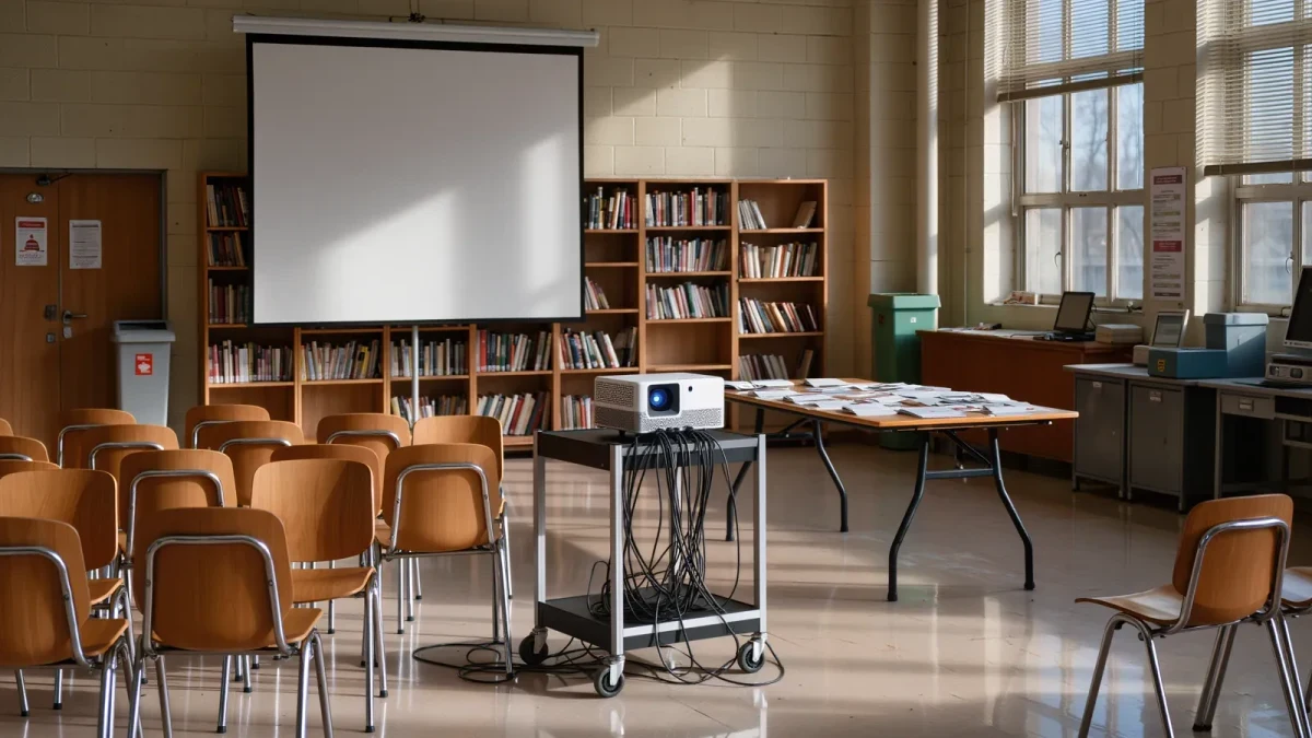 Empty training room with chairs and a presenter screen after session