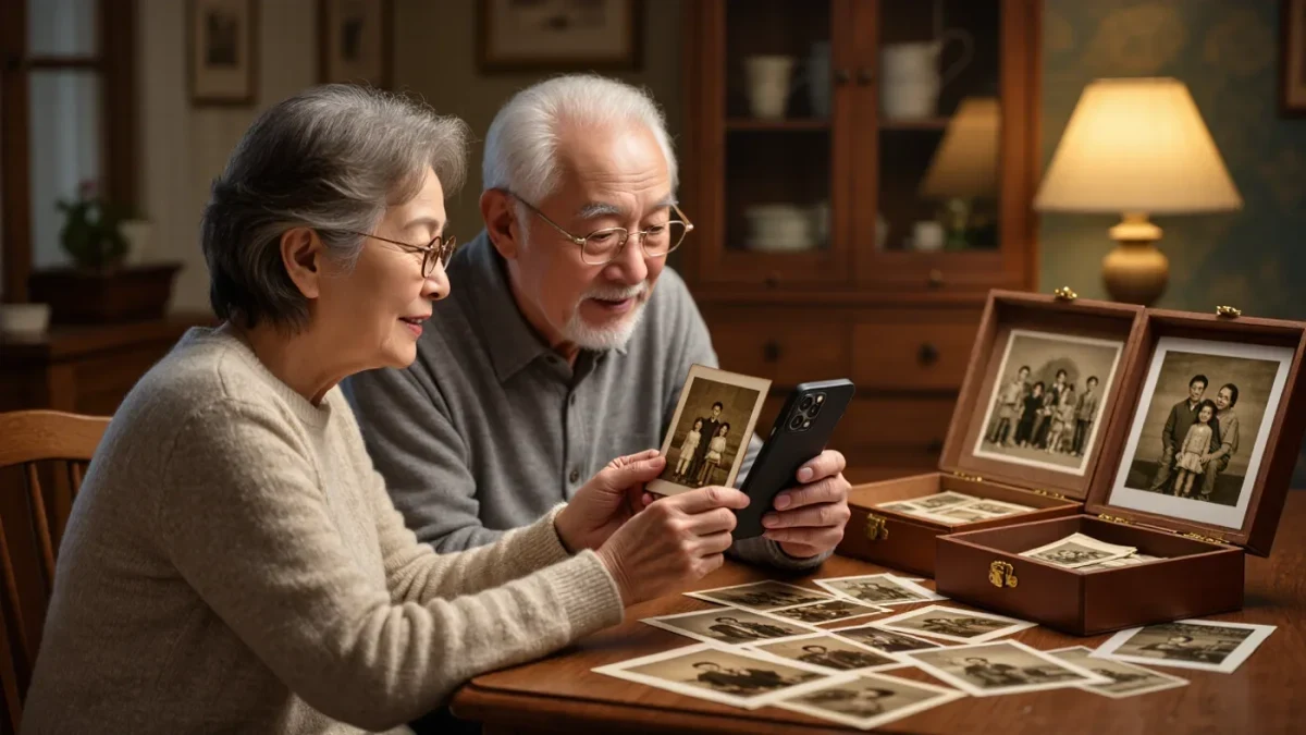 Elderly couple scrolling a phone beside boxes of old photographs