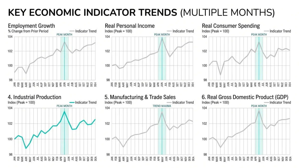 Chart panel of six monthly indicators marked at a cycle peak