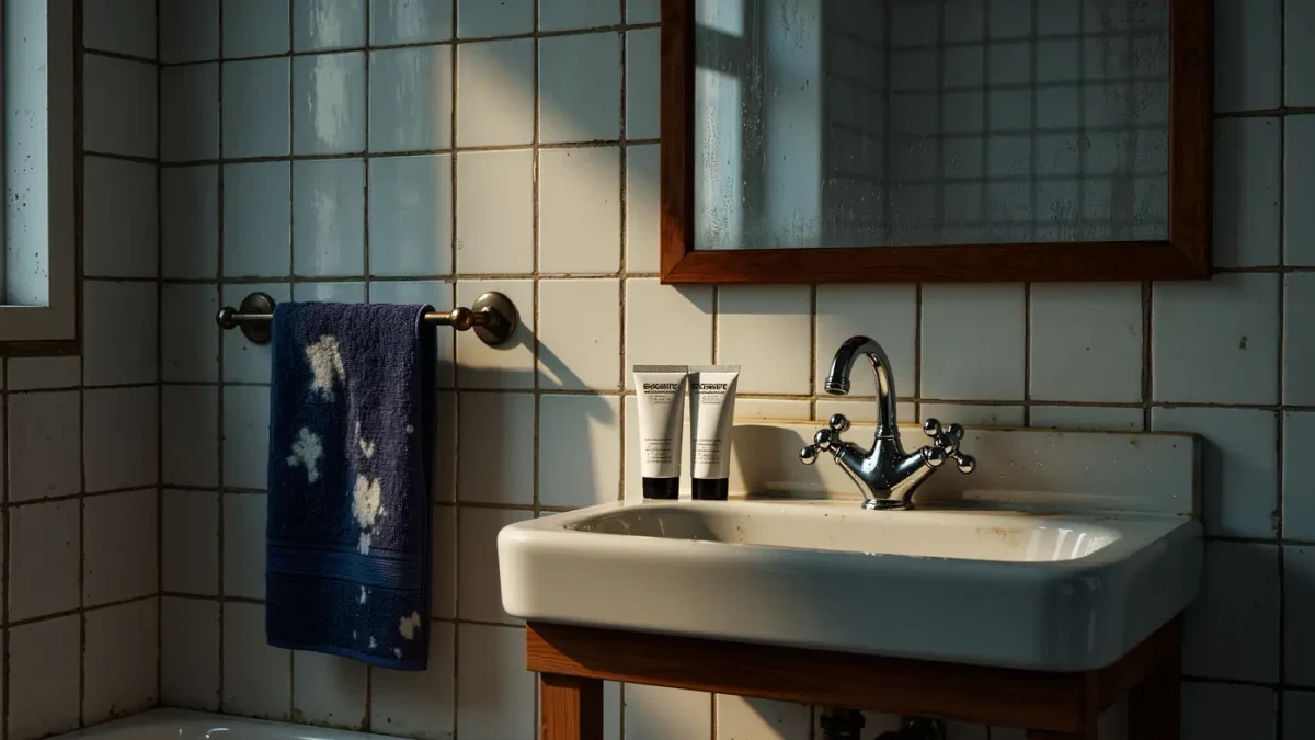 bathroom counter with acne treatment tubes and a towel marked by bleach spots