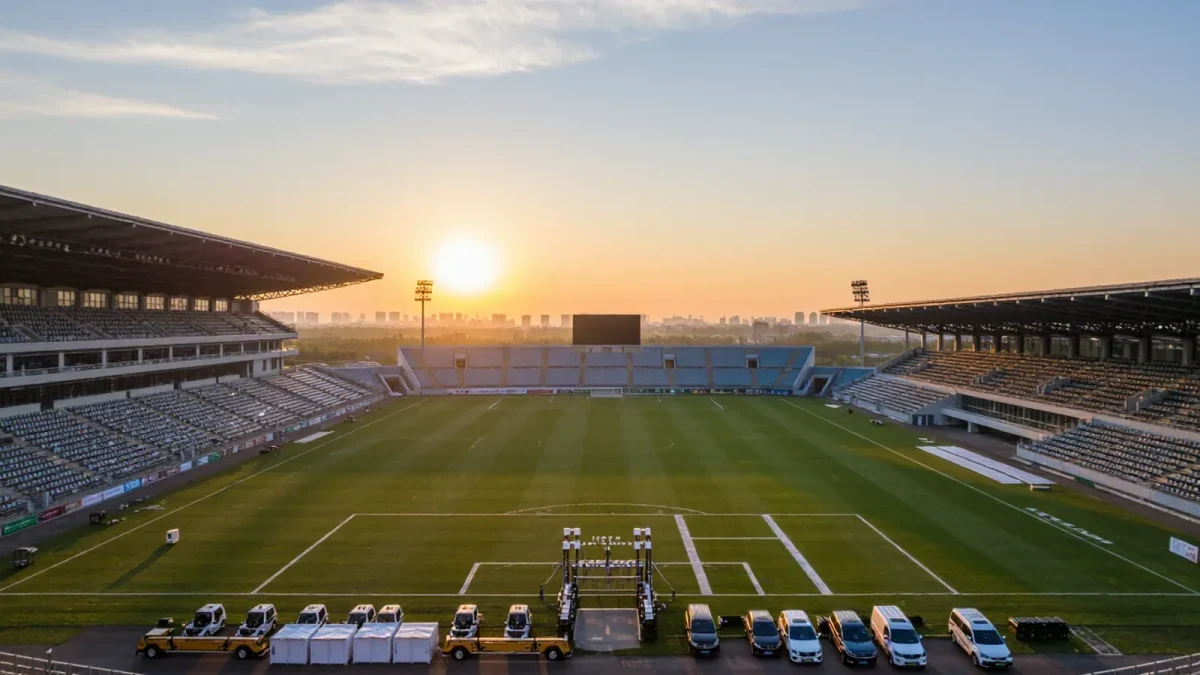 Empty host stadium at sunrise with ground staff preparing pitch