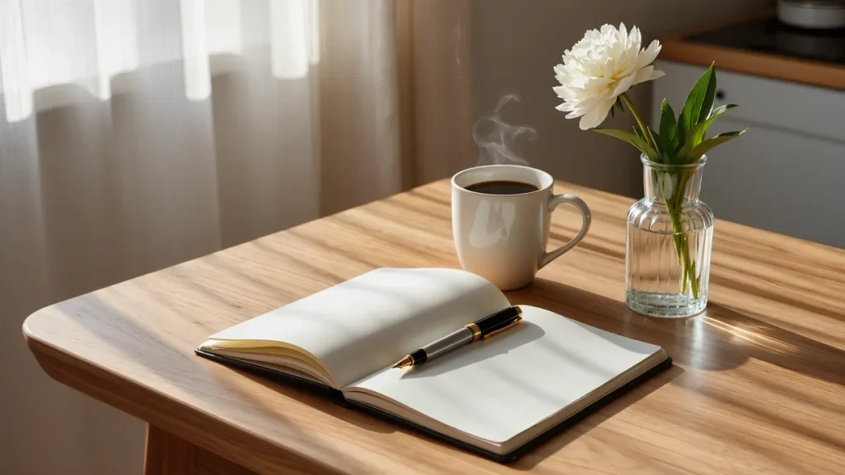 Open notebook and coffee mug on a sunlit kitchen table at morning