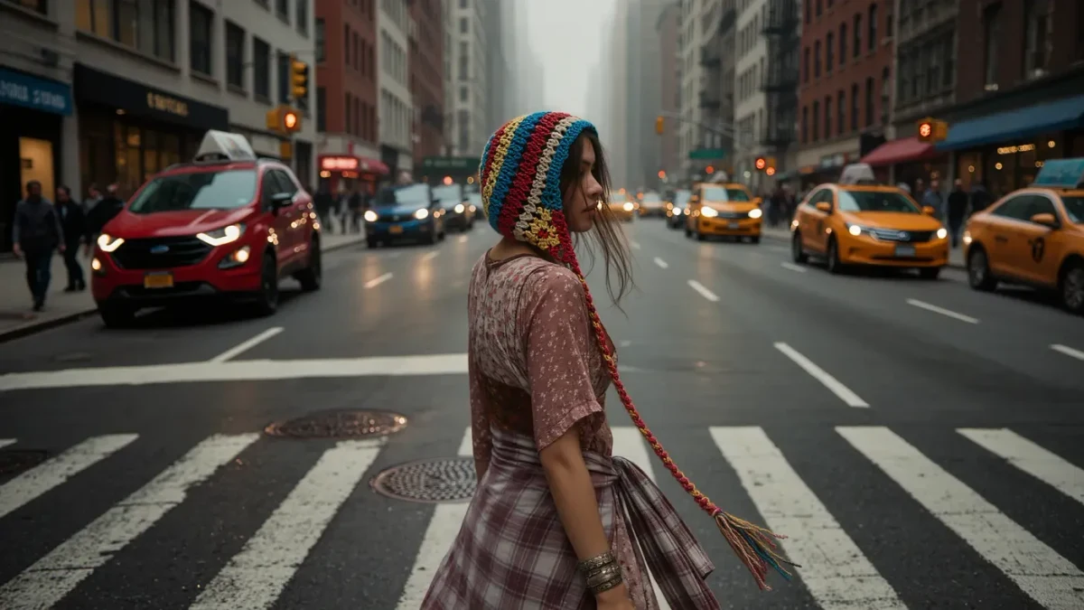 Young woman in layered floral thrift dresses on a dim New York street