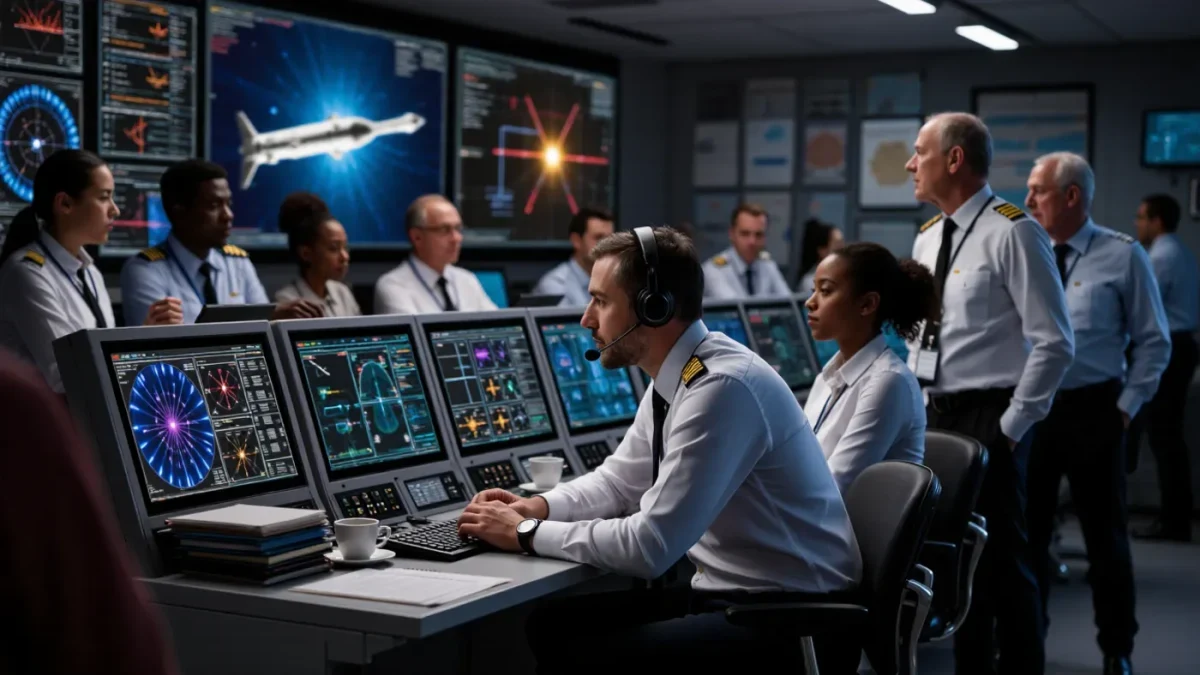 Mission control team monitoring a simulated lunar landing