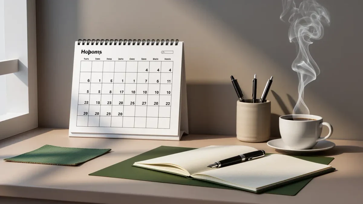 Morning desk with fresh calendar, coffee cup, and notebook