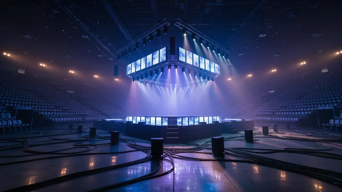 Empty arena floor with stage rigging and hanging lights
