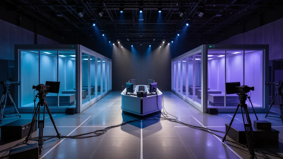 Empty broadcast studio with team booths and stage lighting