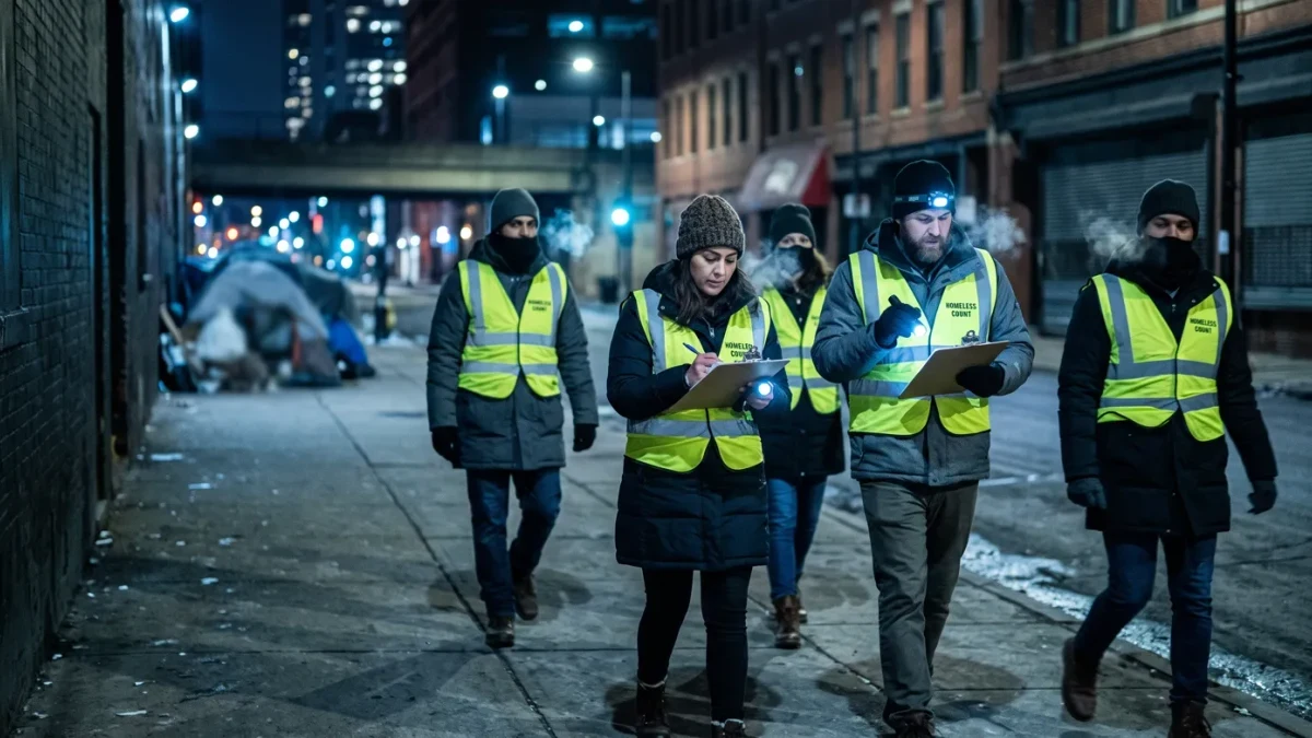 Volunteers with clipboards and flashlights walking a city street at night