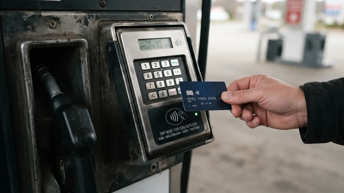 Close-up of a contactless card reader mounted on a fuel dispenser