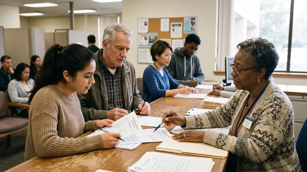 State health agency staff assisting a resident with enrollment paperwork