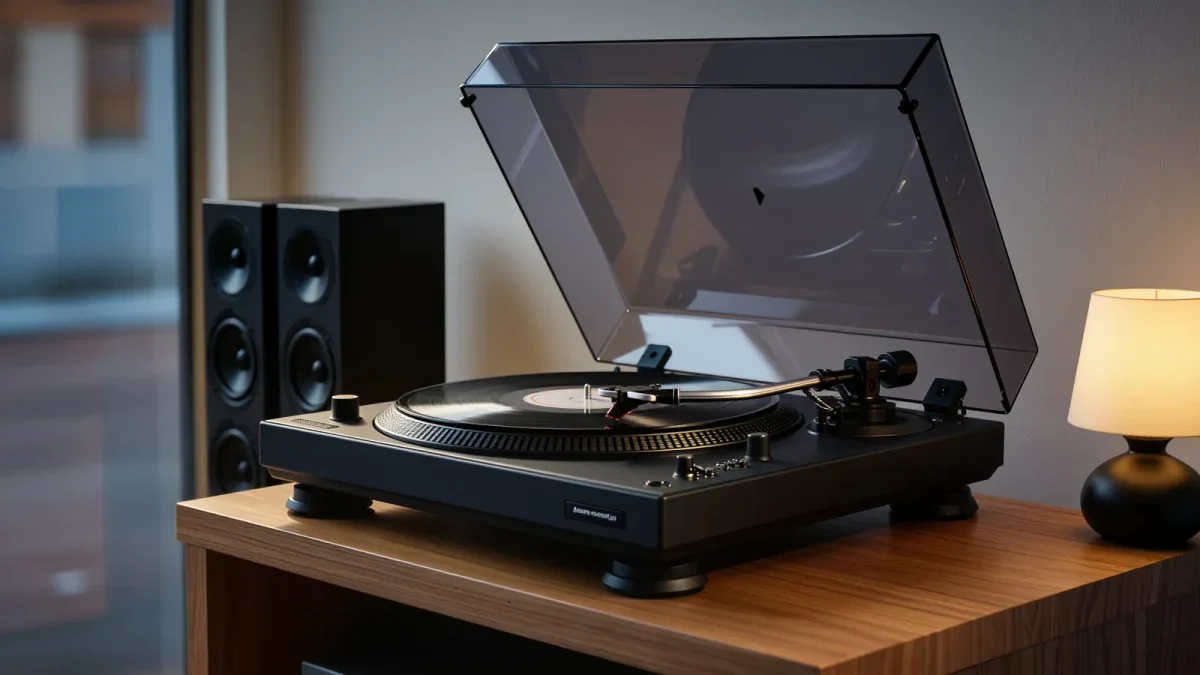 Entry-level turntable with record spinning on a bedroom shelf