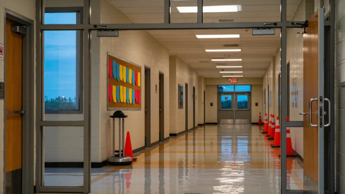 Empty school main office with principal doorway in evening light