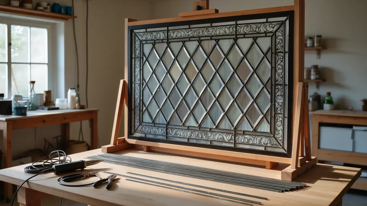 Non-figural diamond-quarry glass panel on an easel in a conservation studio