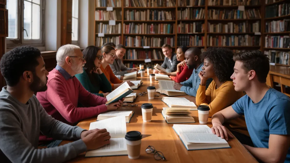 Diverse reading group around a table of worn paperback novels