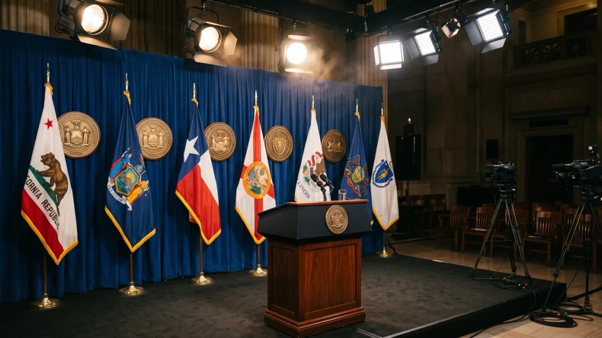 State seal flags arrayed behind press conference podium