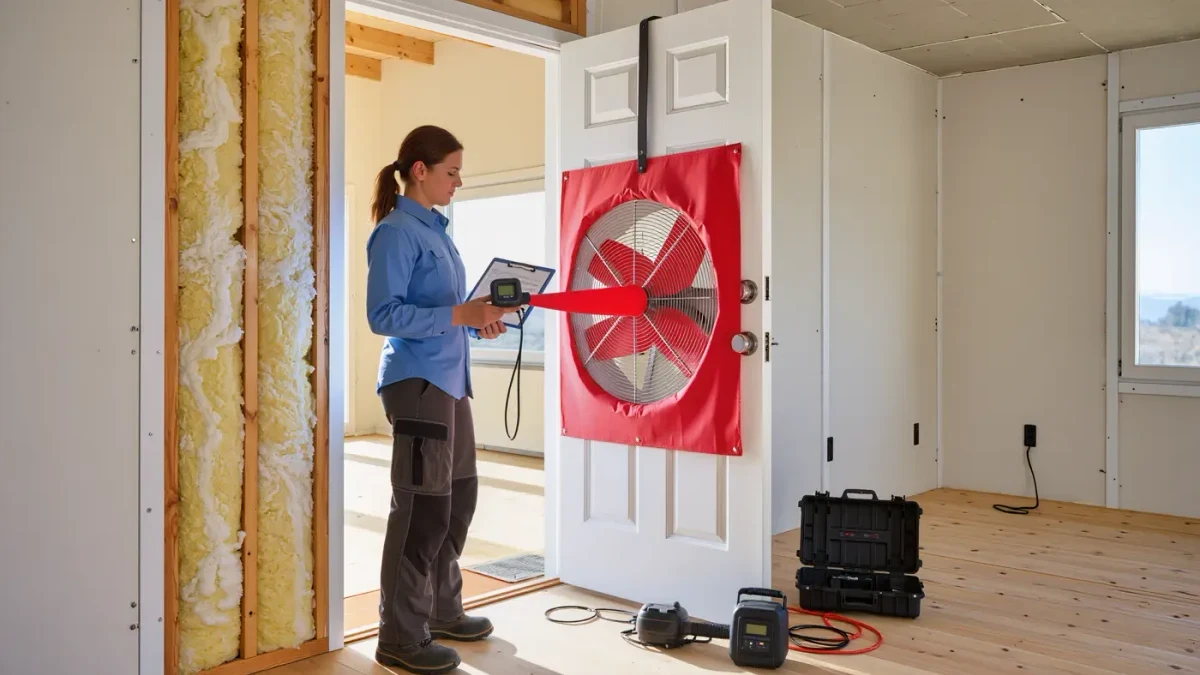 Technician conducting blower door test on new home