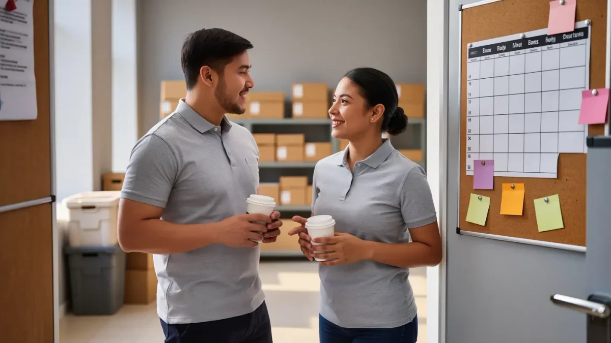 Two retail colleagues reviewing the printed weekly shift schedule by the stockroom door