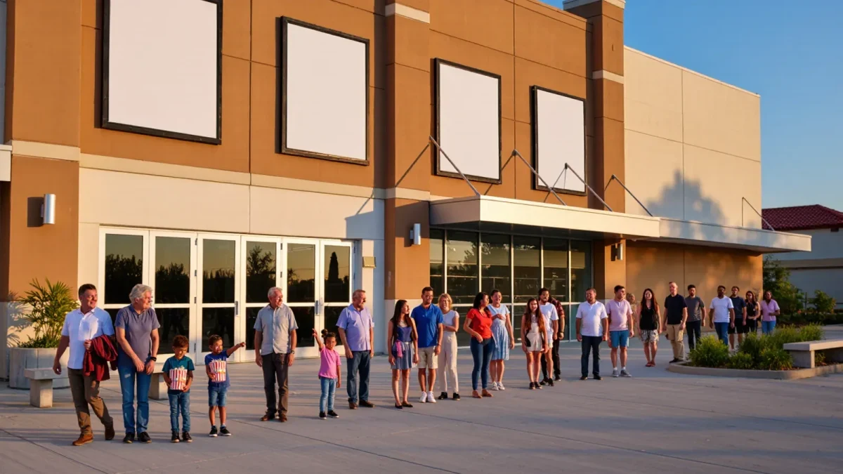Families queueing outside a multiplex on a summer evening