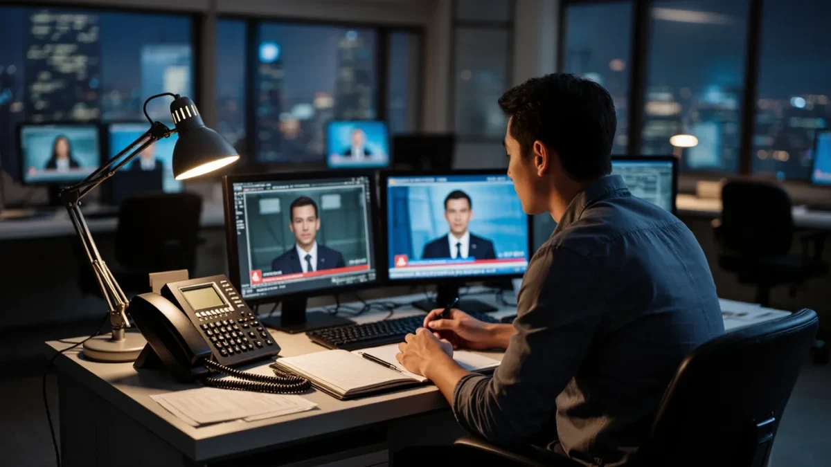 Newsroom journalist checking confirmation sources on multiple screens