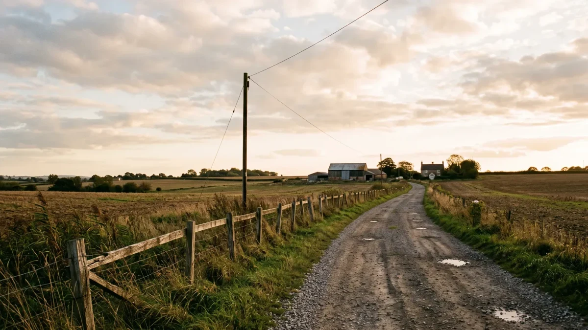 Rural road with a lone utility pole and farm buildings at dusk