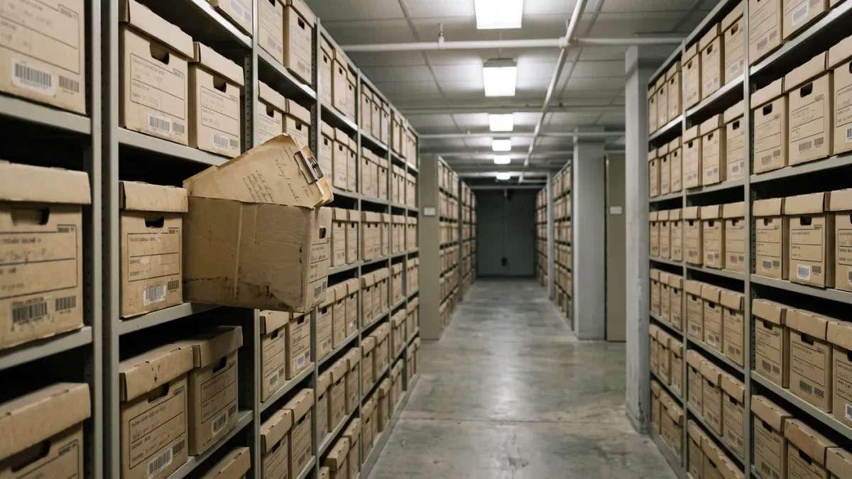 Records-room shelves of document boxes under fluorescent light